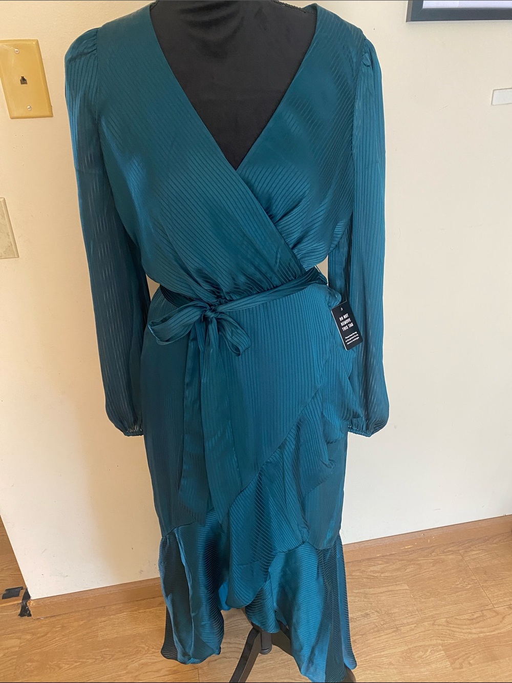 NWT Express Deep Teal Satin Striped Faux Wrap Ruffle Midi Dress - Size Medium